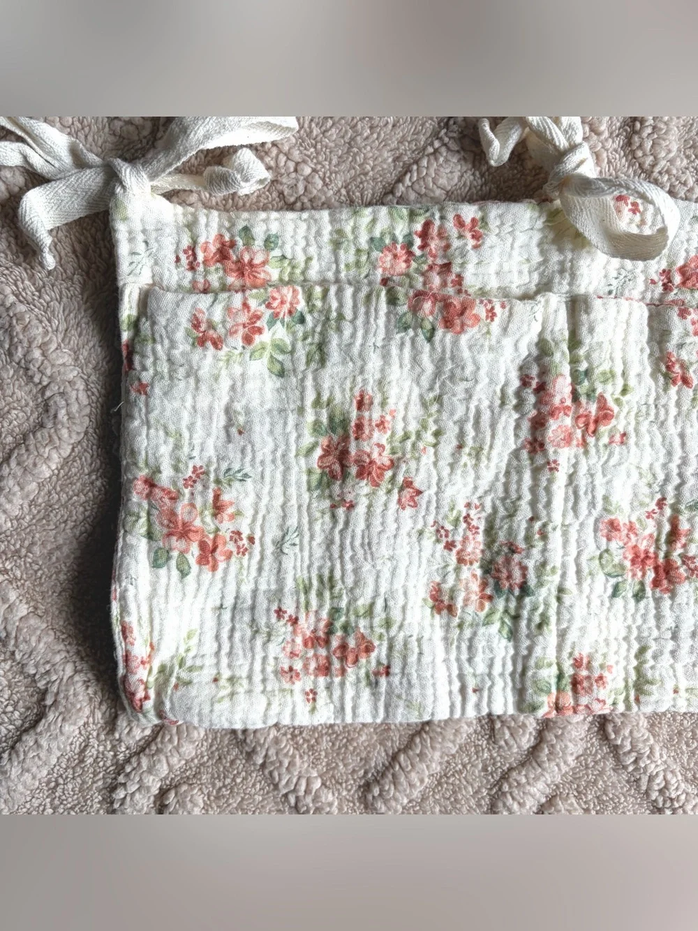 Baby Girl Hanging Tie Storage Bag Floral Cream Small Organizing Pouch Two Pocket